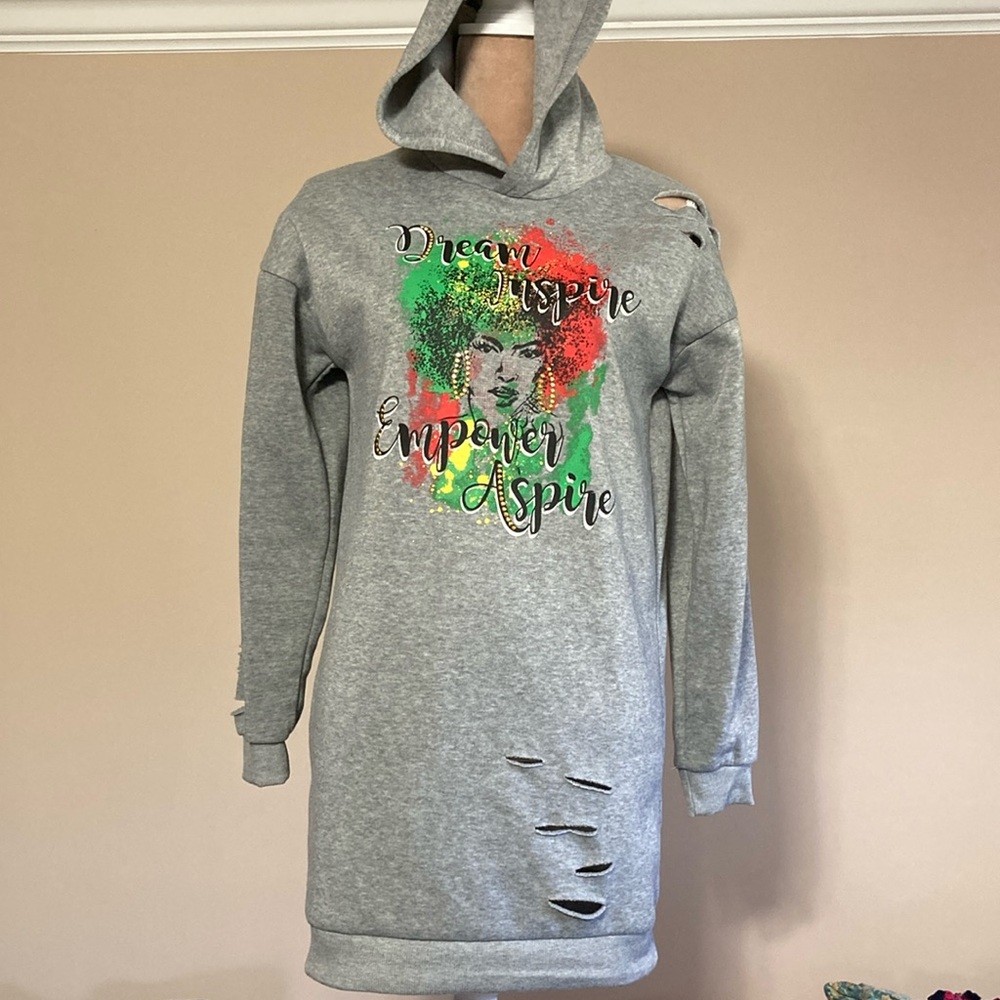 Size S - Gray Hoodie Dress or long sweatshirt with Inspirational Print